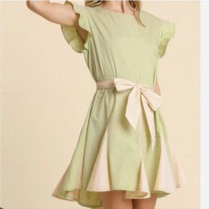5/25 💖 Umgee Colorblocked Ruffle Sleeve Godet Keyhole Back Dress Pistachio